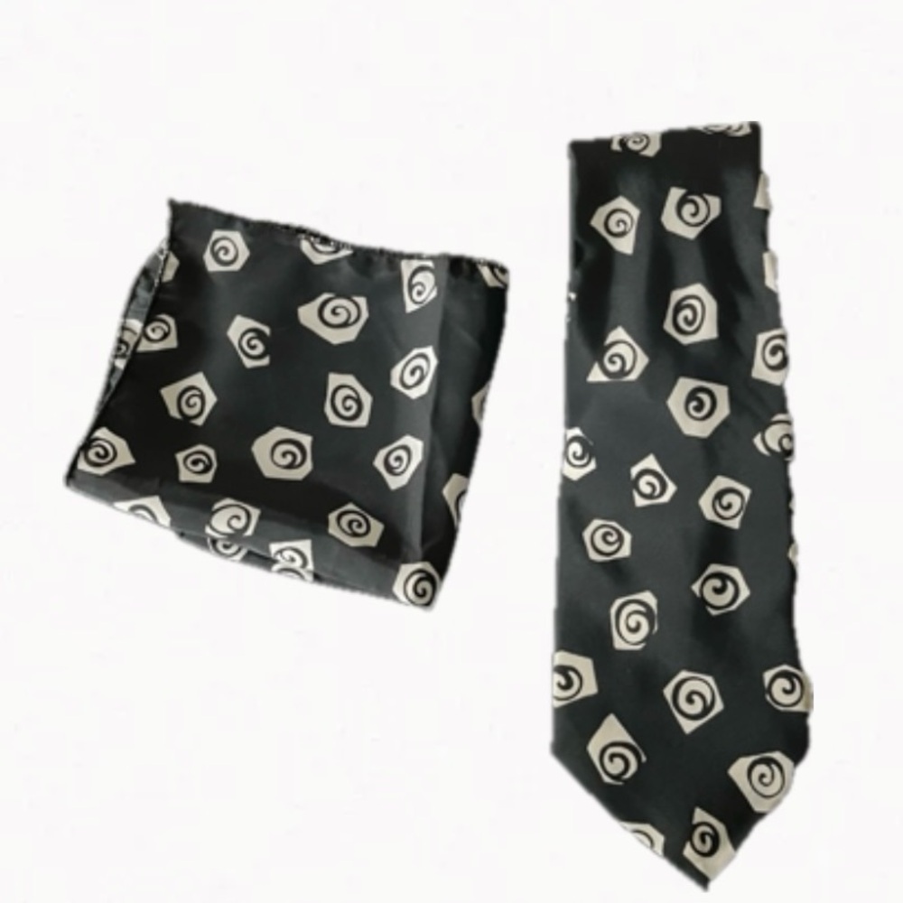 Pour Homme Paris Black&White Patterned Men's Tie&Hanky Square Set 100% Silk 56”